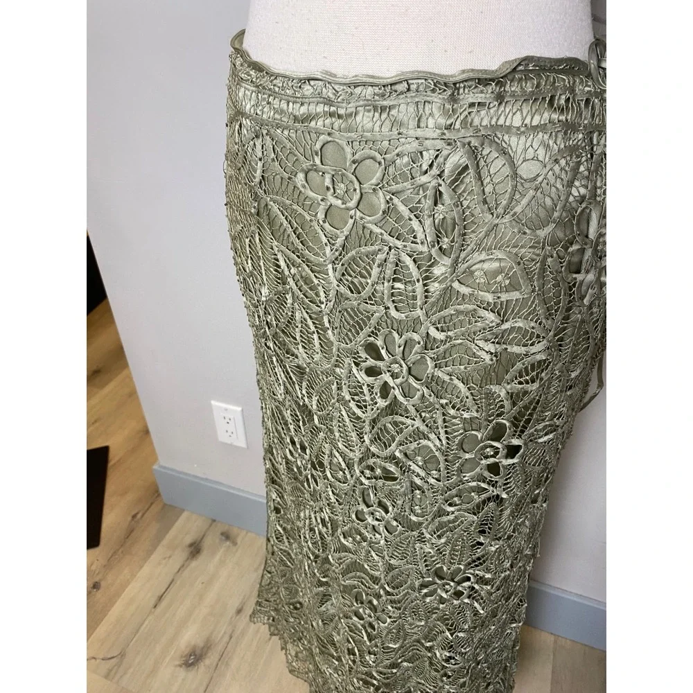 Vintage 90s Y2K Silk 3 Piece Set Lace Beaded Blouse Tank Skirt Sage Green Formal